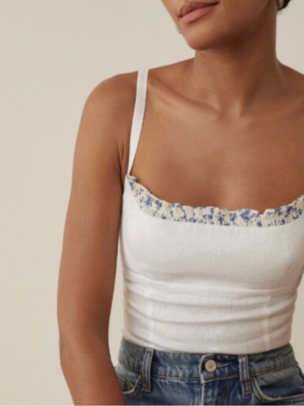 Reformation White Ribbed Cami with Blue Floral Trim